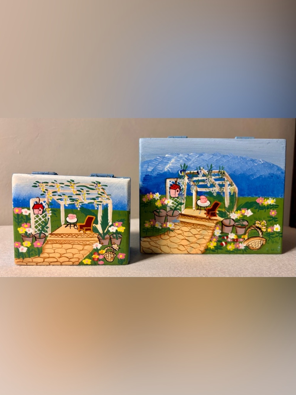 Hand-Painted Blue Garden Scene Wall Art
